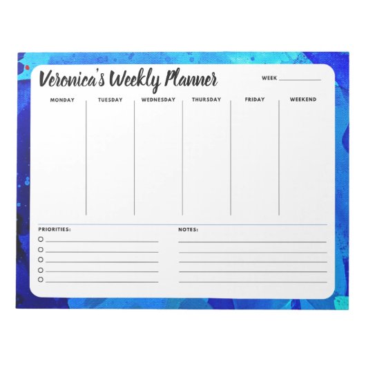 ブルーウォーターカラー抽象芸術ウィークリータスク一覧メモ帳 ノートパッド (正面)