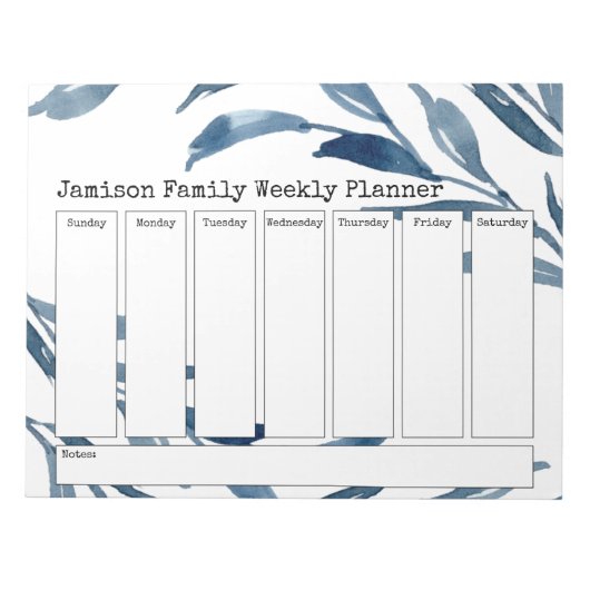 ブルーウォーターカラー植物学ウィークリープランナー ノートパッド (正面)