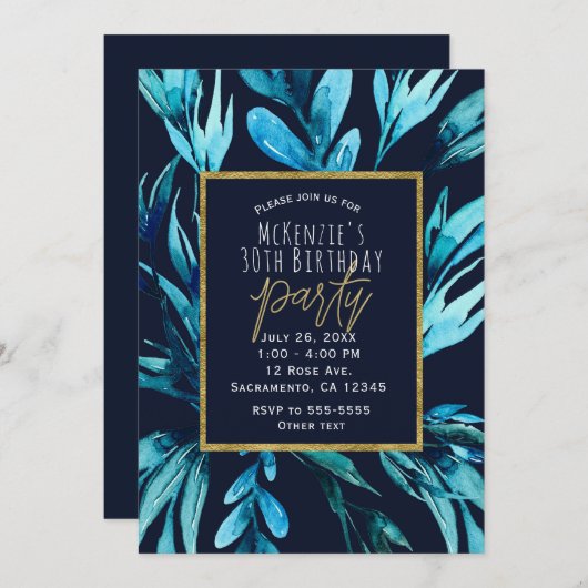 ブルーウォーターカラー植物学グラムバースデーパーティー 招待状 (正面/裏面)