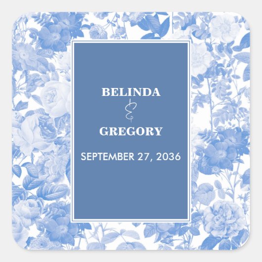 ブルーウォーターカラー植物性花模様結婚ズ スクエアシール (正面)