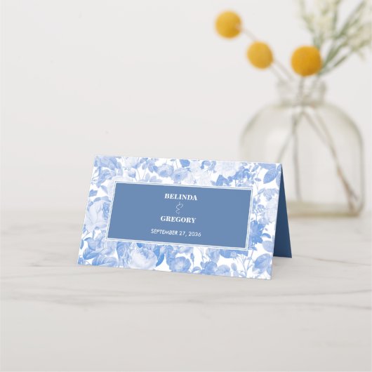 ブルーウォーターカラー植物性花模様結婚ズ プレイスカード (裏面)