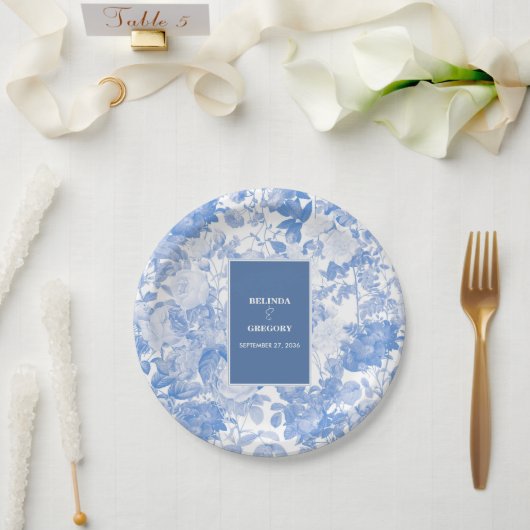 ブルーウォーターカラー植物性花模様結婚ズ ペーパープレート (ウェディング)