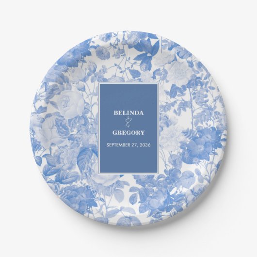ブルーウォーターカラー植物性花模様結婚ズ ペーパープレート (正面)
