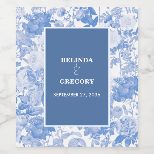 ブルーウォーターカラー植物性花模様結婚ズ ワインラベル (シングルラベル)