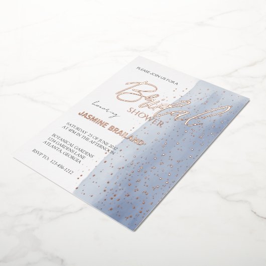 ブルーウォーターカラー洗浄ブライダルシャワースパークル 箔招待状 (回転した状態)