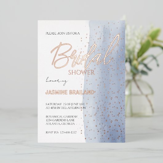 ブルーウォーターカラー洗浄ブライダルシャワースパークル 箔招待状 (立ち正面)
