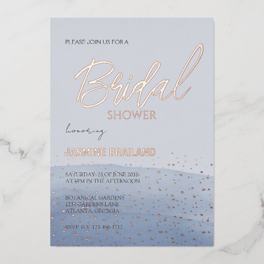ブルーウォーターカラー洗浄ブライダルシャワースパークル 箔招待状 (正面)