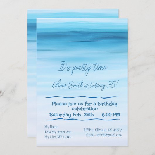 ブルーウォーターカラー海誕生日パーティーのミニマリスト 招待状 (正面/裏面)