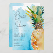 ブルーウォーターカラー熱帯パイナップルブライダルシャワー 招待状 (正面/裏面)