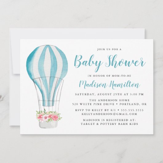 ブルーウォーターカラー熱気球ベビーシャワー 招待状 (正面)