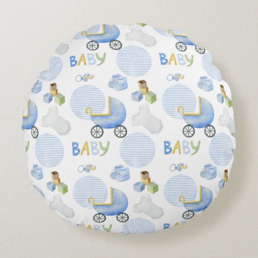 ブルーウォーターカラー男の赤ちゃん子供部屋デコール ラウンドクッション (正面)