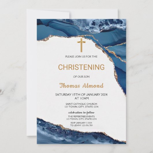ブルーウォーターカラー男子ゴールドchristening 招待状 (正面)