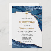 ブルーウォーターカラー男子ゴールドchristening 招待状 (正面/裏面)