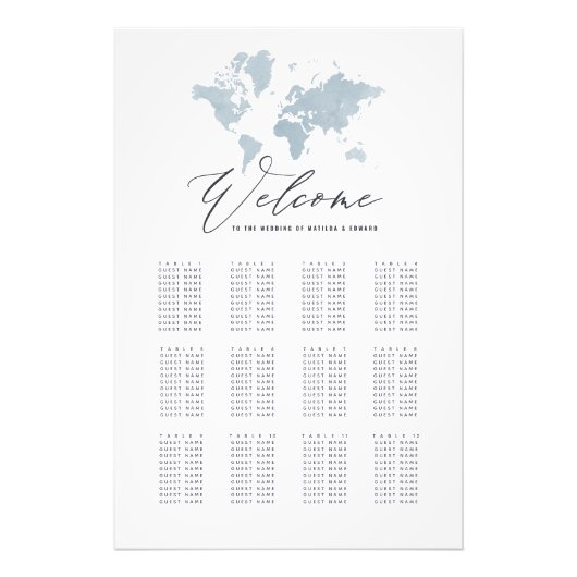 ブルーウォーターカラー結婚ワールドマップのシーティングプラン フォトプリント            (正面)