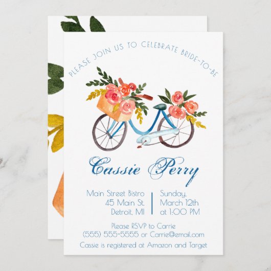 ブルーウォーターカラー自転車フローラブライダルシャワーインビット 招待状 (正面/裏面)