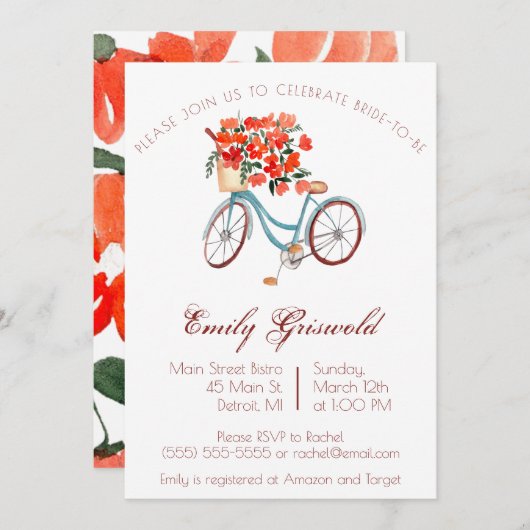 ブルーウォーターカラー自転車フローラブライダルシャワー 招待状 (正面/裏面)