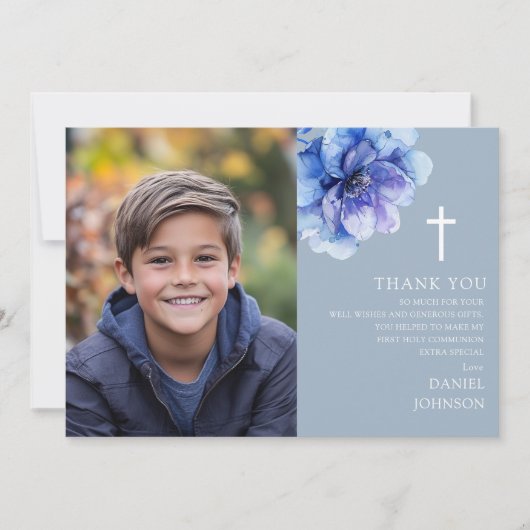 ブルーウォーターカラー花写真第1聖餐式 サンキューカード (正面)