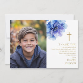 ブルーウォーターカラー花写真第1聖餐式 サンキューカード
