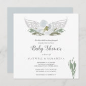 ブルーウォーターカラー花模様エンジェルウィングスベビーシャワー 招待状 (正面/裏面)