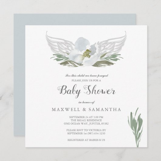 ブルーウォーターカラー花模様エンジェルウィングスベビーシャワー 招待状 (正面/裏面)