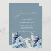 ブルーウォーターカラー花模様モダンクインセアニラパーティー 招待状 (正面/裏面)