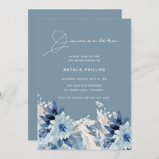 ブルーウォーターカラー花模様モダンクインセアニラパーティー 招待状 (正面/裏面)