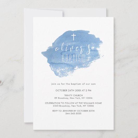 ブルーウォーターカラー赤面クロス《キリスト教》洗礼式や命名式バプテスマ 招待状 (正面)