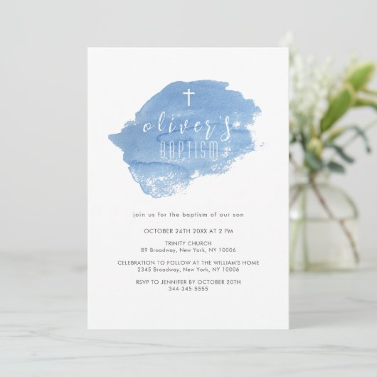 ブルーウォーターカラー赤面クロス《キリスト教》洗礼式や命名式バプテスマ 招待状 (スタンド正面)