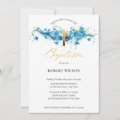 ブルーウォーターカラー金ゴールドクロスボーイ《キリスト教》洗礼式や命名式バプテスマ 招待状 (正面)