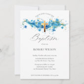 ブルーウォーターカラー金ゴールドクロスボーイ《キリスト教》洗礼式や命名式バプテスマ 招待状 (正面)