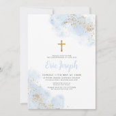 ブルーウォーターカラー金ゴールドクロスボーイ《キリスト教》洗礼式や命名式バプテスマ 招待状 (正面)