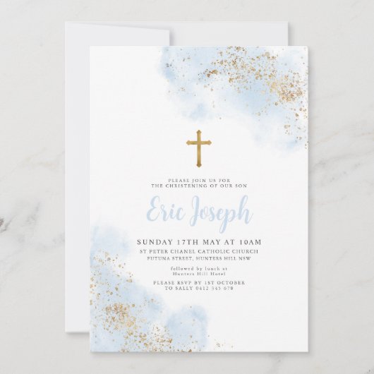ブルーウォーターカラー金ゴールドクロスボーイ《キリスト教》洗礼式や命名式バプテスマ 招待状 (正面)