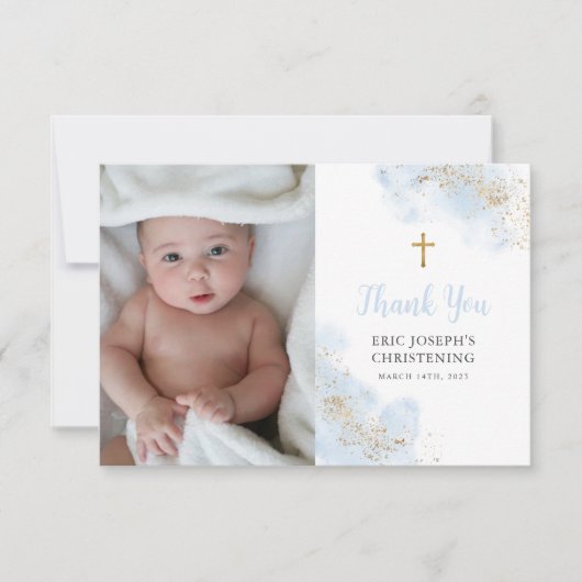 ブルーウォーターカラー金ゴールドボーイ《キリスト教》洗礼式や命名式バプテスマ写真 サンキューカード (正面)