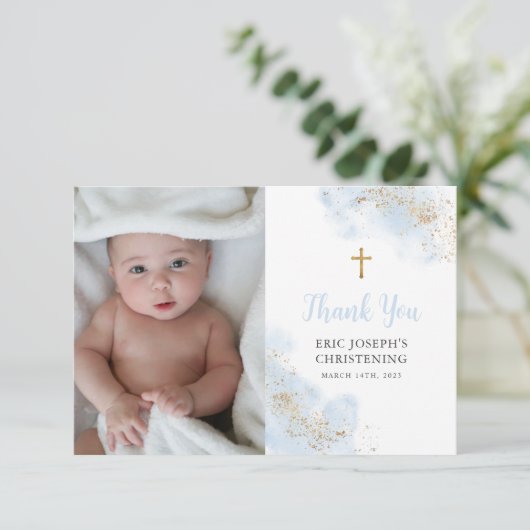 ブルーウォーターカラー金ゴールドボーイ《キリスト教》洗礼式や命名式バプテスマ写真 サンキューカード (スタンド正面)