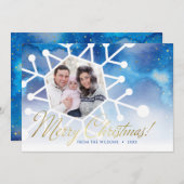 ブルーウォーターカラー金ゴールド台本メリークリスマス写真 シーズンカード (正面/裏面)