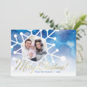 ブルーウォーターカラー金ゴールド台本メリークリスマス写真 シーズンカード (スタンド正面)