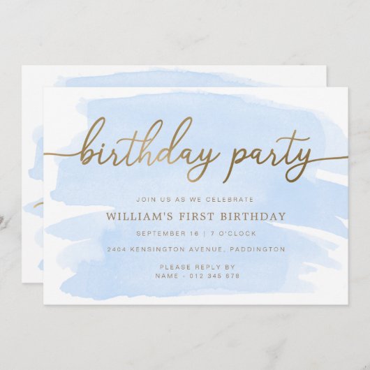 ブルーウォーターカラー金ゴールド誕生日パーティーの招待 招待状 (正面/裏面)