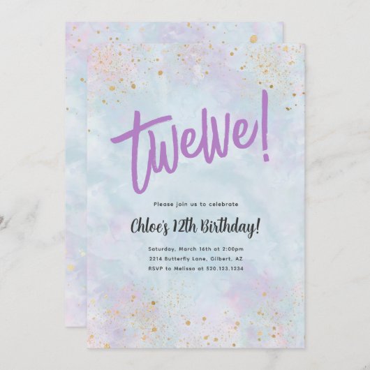 ブルーウォーターカラー金ゴールド誕生日任意の年齢招待状 招待状 (正面/裏面)
