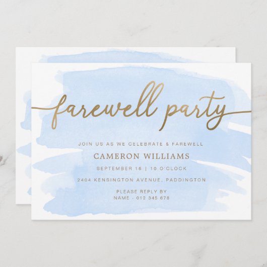 ブルーウォーターカラー金ゴールド送別パーティの招待状 招待状 (正面/裏面)