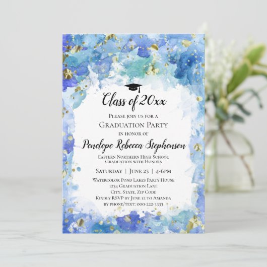 ブルーウォーターカラー金ゴールド（ばちゃばちゃ）跳ねる卒業パーティー 招待状 (スタンド正面)