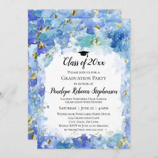 ブルーウォーターカラー金ゴールド（ばちゃばちゃ）跳ねる卒業パーティー 招待状 (正面/裏面)