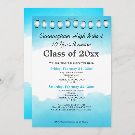 ブルーウォーターカラー高校クラス懇親会テンプレート 招待状 (正面/裏面)