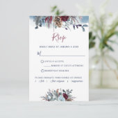 ブルーウォーターカラー、ブルー、バーガンディーパープルフローラRSVP 出欠カード (スタンド正面)