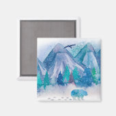 ブルーウォーターカラー 冬の山の風景アート マグネット (正面/裏面)