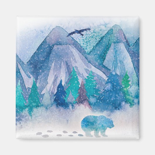 ブルーウォーターカラー 冬の山の風景アート マグネット (正面)