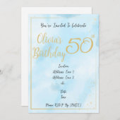 ブルーウォーターカラー&金ゴールド縁ど誕生日招待状 招待状 (正面/裏面)