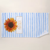 ブルーウォーターストライプカラーパーソナライズされたヒマワリ ビーチタオル (正面)