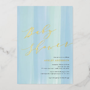 ブルーウォーターストライプカラー招待状ベビーシャワーフォイル 箔招待状