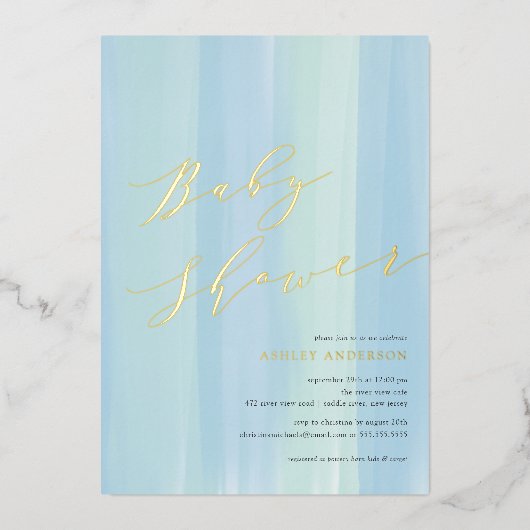 ブルーウォーターストライプカラー招待状ベビーシャワーフォイル 箔招待状 (正面)