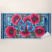 ブルーウォータースネーク&ピンクフラワーズプールカスタム ビーチタオル (正面)